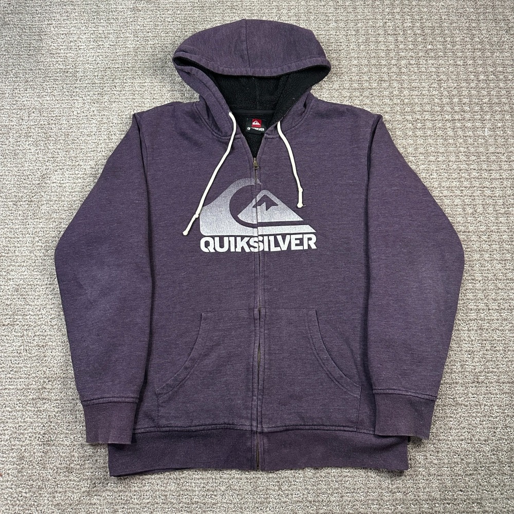 Quiksilver Mens Sherpa Lined Full Zip Hoodie Purple Heather Silver Logo Large